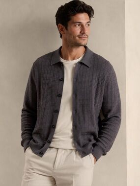 NEW Christian Lacroix Grey Textured Knit Button-Front Cardigan Size L
